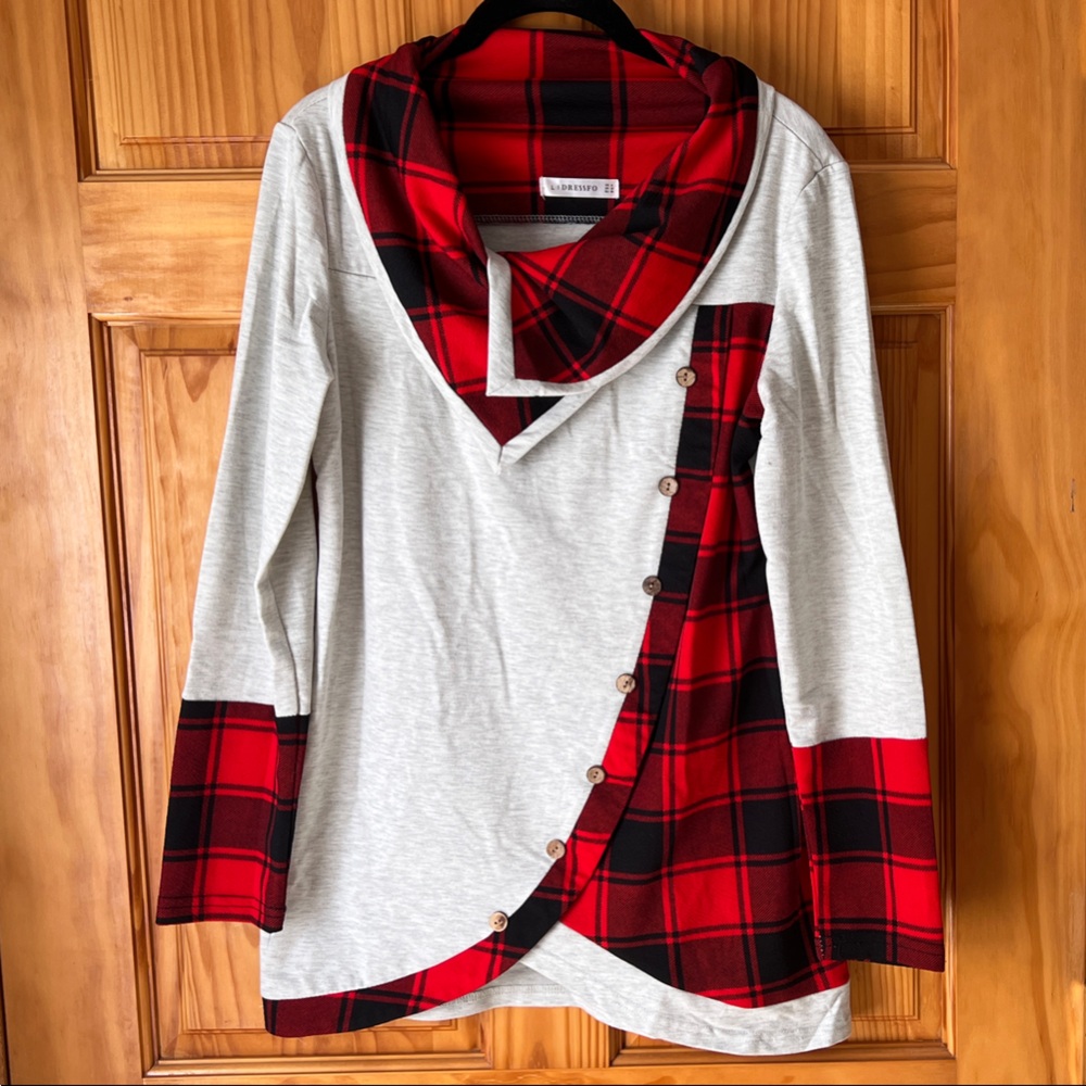 Plaid Accent Long Sleeve Top - Red and Gray